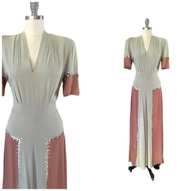 40s Pink & Grey Color-block STUDDED Gown / 1940s Vintage Maxi Dress / Medium / Size 10 