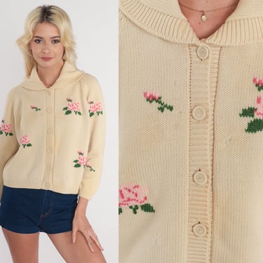 Cream Floral Cardigan 70s Wool Button up Knit Sweater Rose Flower Print Shawl Collar Retro Grandma Bohemian Pink Vintage 1970s Medium M 