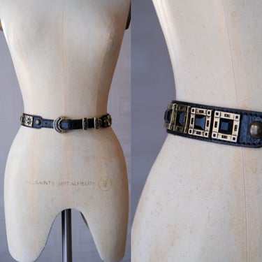 Vintage 80s NANNI Black Western Styled Belt w/ Gold Framed Onyx Rivet Design | Made in Italy | 100% Genuine Leather | 1980s Designer Belt 