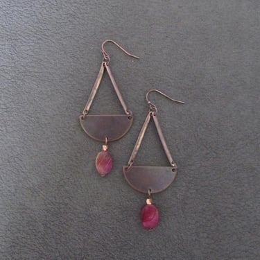 Copper geometric earrings, mid century modern, minimalist pink mother of pearl 
