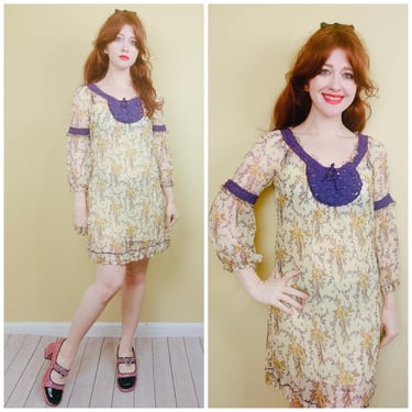 Y2K Chelsea and Violet Yellow Floral Silk Dress / Vintage Purple Crochet Lace Up Mini / Size Medium 