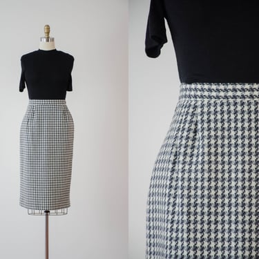 houndstooth wool skirt | 70s 80s vintage Pendleton black white gray plaid dark academia librarian style knee length pencil skirt 