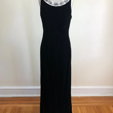 Sleeveless Black Velvet Maxi Dress with Decorated Satin Trim - 1980s 