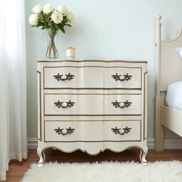 Vintage White French Provincial Nightstand by John Widdicomb - 3 Drawer Dresser Chest, Antique Gold Trim, Romantic Cottage Shabby Chic Style 