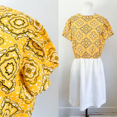 Vintage 1960s Yellow Bandanna Print Shift Dress /  M-L 