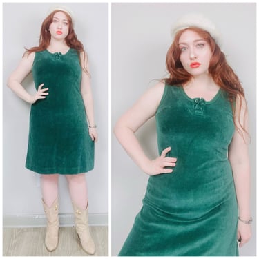 1970s Vintage The Petite Division Terry Cloth Dress / 70s Green Henley Button Shift Dress / Size Medium 