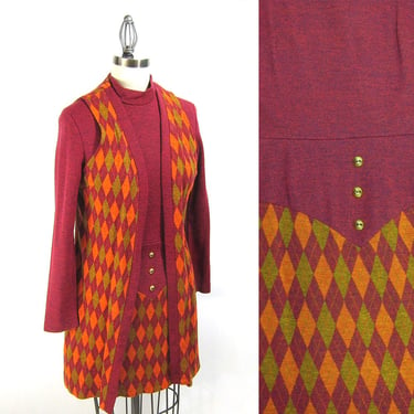 1960s mod dress and vest - argyle pattern - cranberry, sage, tangerine - size small 