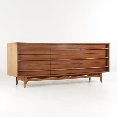 Young Manufacturing Mid Century Walnut Curved Front Lowboy Dresser - mcm 