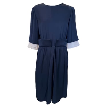 Valentino Couture 1980's Classic Navy Blue Silk Twill Dress