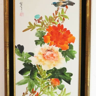 Vintage JAPANESE WATER COLOR ART PAINTING Birds Floral FAUX BAMBOO Regency ASIAN