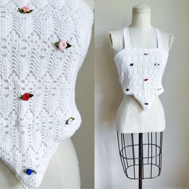Vintage White Crochet & Rosette Top / XS 