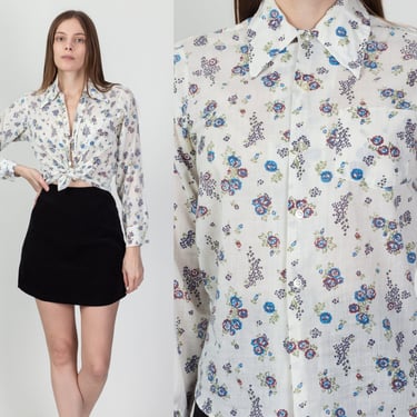 70s White Floral Button Up Top - Extra Small | Vintage Long Sleeve Pointed Collar Disco Shirt 