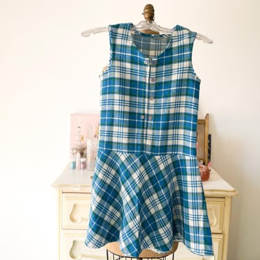 True vintage 1960s bright blue plaid mini dress | sleeveless mod jumper, vintage mod mini dress, XXS 