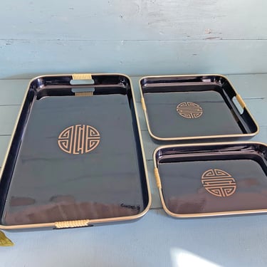 Vintage Black Gold Symbol Lacquerware Nesting Trays- Set Of 3// Midcentury, Tea Time, Barware Trays // Perfect Gift 