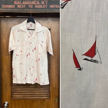 Vintage 1950’s Atomic Sailboat Nautical Cotton Loop Collar Rockabilly Shirt, 50’s Vintage Clothing 