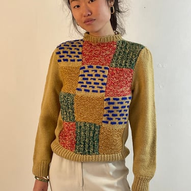 70s handknit patchwork sweater / vintage khaki handknit multicolor textured patchwork quilt intarsia cropped pullover crewneck sweater | S/M 