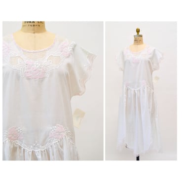 80s Vintage Cotton Embroidered Dress White cotton Nightgown Sleep Dress Wedding Honeymoon Cotton Nightgown Medium large Gilligan O'malley 