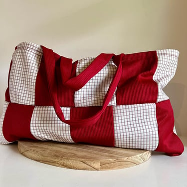 Handmade Upcycled Quilt Fabric Checkered Patchwork Large Open Tote Bag 