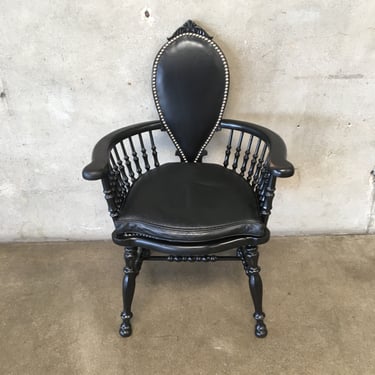 Vintage Black Windsor Chair with Leather Back / Seat