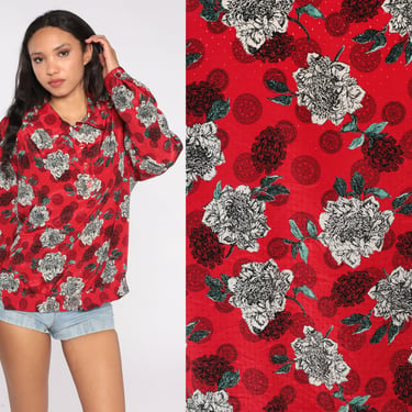 Red Floral Blouse 80s Flower Print Top Quarter Button Up Shirt Geometric Embossed Pattern Long Sleeve Romantic Vintage Bohemian 2xl xxl 