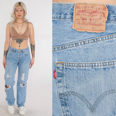 Levis 501 Jeans Y2k Ripped Jeans Mid Rise Straight Leg Distressed Denim Pants Levi Strauss Relaxed Boyfriend Vintage Mom 00s Large 32 x 34 