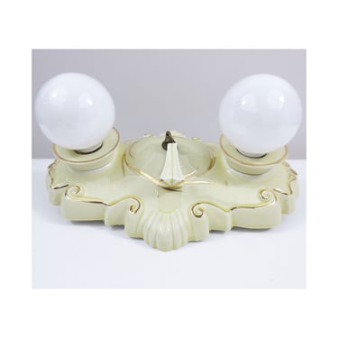 Refurbished Porcelain Bare Bulb Ceiling Fixture - Porcelier from the 1930's - Two Bulb with Gilt Detail, Finial 