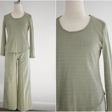 1970s Sage Green Ribbed Shirt and Wide Leg Pants Set 