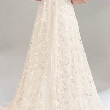 White Lace Silk Ruffle S/S High Low Wedding Gown 