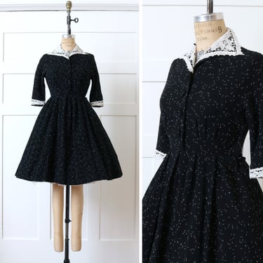 vintage 1950s flecked wool & rayon dress • black full skirt dress with white lace trim 