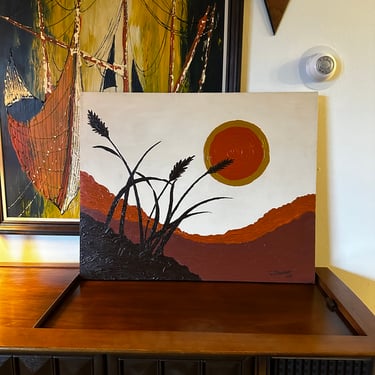 Large Original 70s Oil on Canvas Sun Painting 