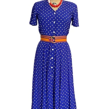 1980s rayon blue and white polka dot dress, Vintage 80s dress, 1950s style shairtwaist, my michelle, med 