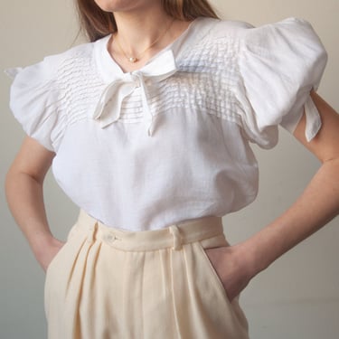 6690t / white linen cotton pintuck puff sleeve blouse / s / m 
