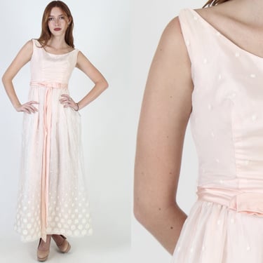 60s Emma Domb Bridal Dress Size Small, Embroidered Swiss Dot Pink Chiffon Maxi Gown 