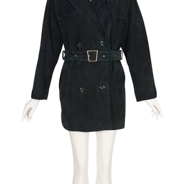 Laurel 1980s Vintage Dark Green Suede Belted Double-Breasted Coat 