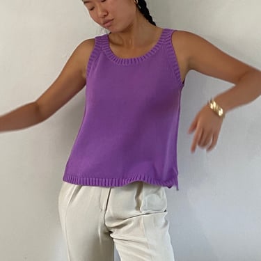90s sweater tank cropped top / vintage violet cotton knit cutaway sleeve sleeveless tank top sweater vest | S 