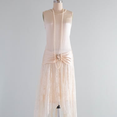Exquisite 1920's French Chantilly Lace &amp; Silk Wedding Dress / XS