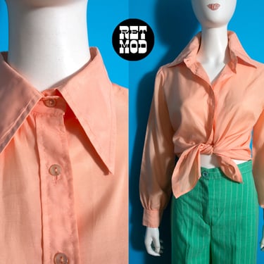 Sweet Vintage 60s 70s Pastel Peach Button Down Collared Shirt 