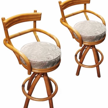 Restored Rattan Pair of Two Stacked Back Barstools w/ Botanical Fabric Seats 