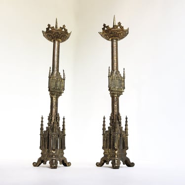 Pair Antique Gilt Bronze  Neo Gothic Church Pricket Candlesticks Set of Two Religious Altar Candle Holders European Gothic Revival 1900s 