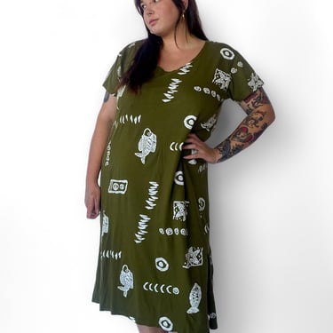 Modern Olive Green Fish Patterned Dress, sz. 3X