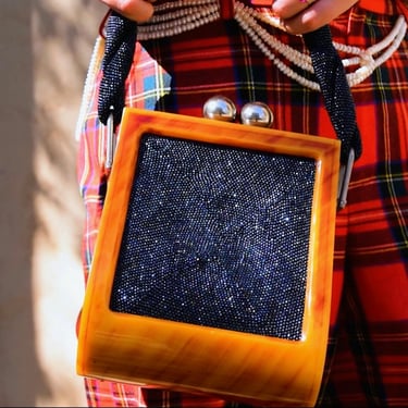 Vintage 1940's Beaded Bakelite Box Purse, Fre Mor Braided Top Handle Bag, Butterscotch Bakelite & Blue Lucite Beads, Large Kissing Clasp 