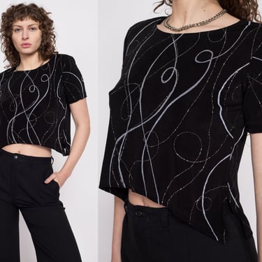 80s Slinky High Low Hem Cropped Blouse - Small to Medium | Vintage Black Abstract Metallic Glam Crop Top 