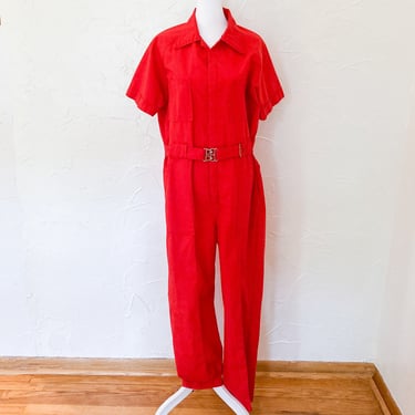 70s Bright Red Workwear Belted Short Sleeve Jumpsuit | Large/Extra Large 