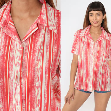 70s Striped Blouse Coral Red Orange Button Up Top Retro Preppy Seventies Shirt Short Sleeve Collared Seventies Vintage 1970s White Large L 