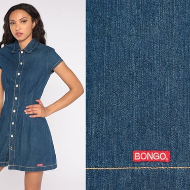 90s Denim Dress Bongo Mini Jean Dress Vintage 1990s Button Up Short Sleeve Dark Wash Blue Collar Fitted Pencil Dress Retro Extra Small XS 