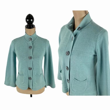 Y2K Mint Blue Pastel Cardigan, Cotton Knit Button Up Spring Sweater with Pockets, 2000s Clothes Women Vintage Clothing from J Jill XS Small 