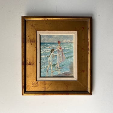 80's W. Thorton Impressionist Mother & Daughter on the Beach Oil Painting, Framed 