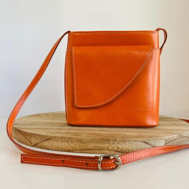 Vera Pelle Orange Genuine Leather Italy Made Small Crossbody Bag 