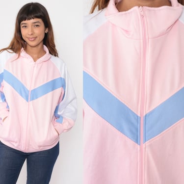 Baby Pink Track Jacket 80s 90s Chevron Color Block Zip Up Sweatshirt Periwinkle Striped 1990s Sporty Vintage Raglan Sleeve Warmup Large L 