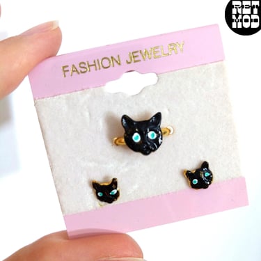 Deadstock Adorable Vintage 80s 90s Black Cat Metal Ring & Earrings 